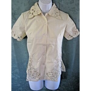 VTG Miss Joyce Shirt Size Small Tan Embroidered Lace Detail Wide Collar Top